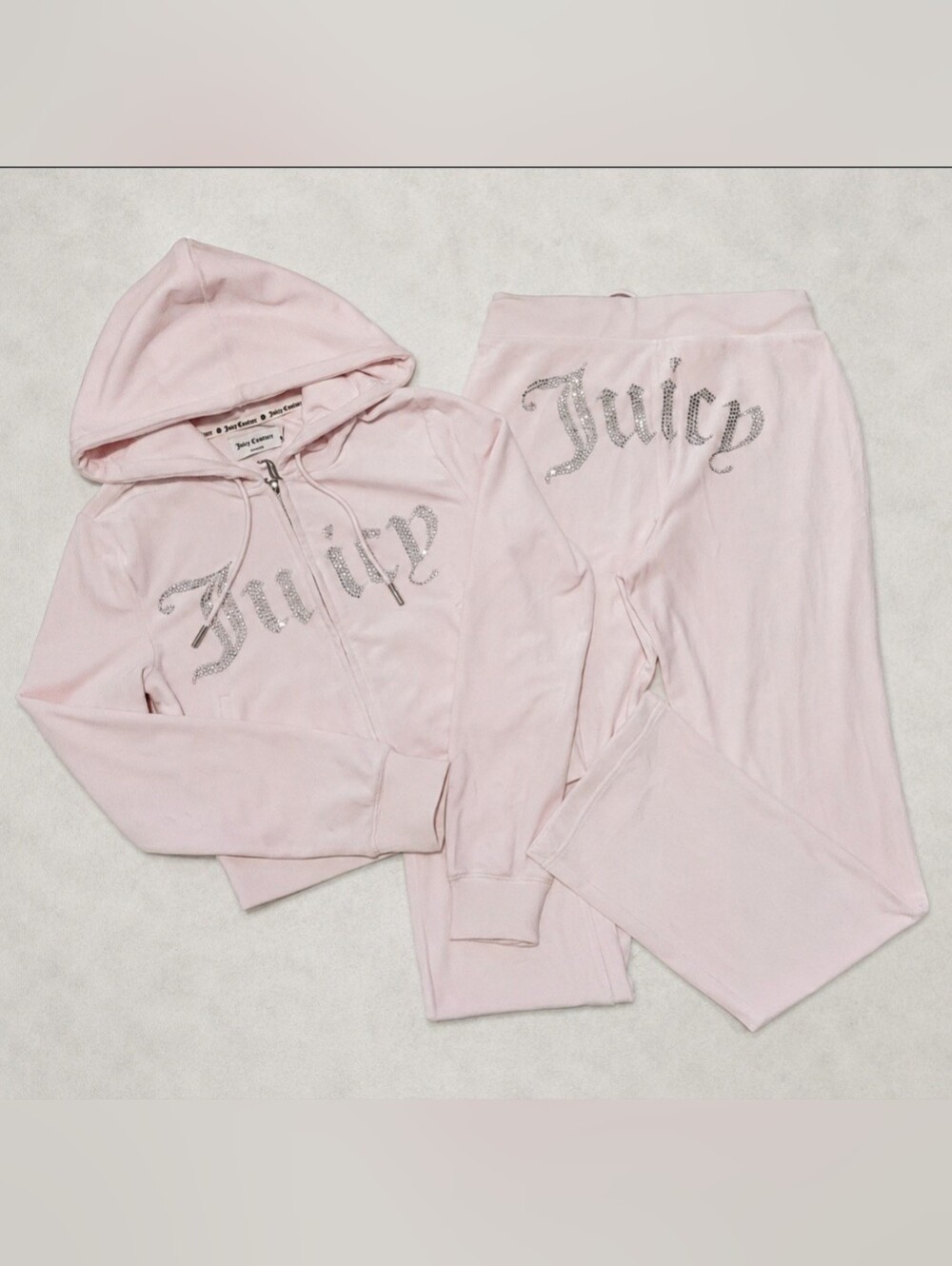 Juicy Couture Soft Glow Luxe Velour OG Bling Zip Up Hoodie & Pants Set - S